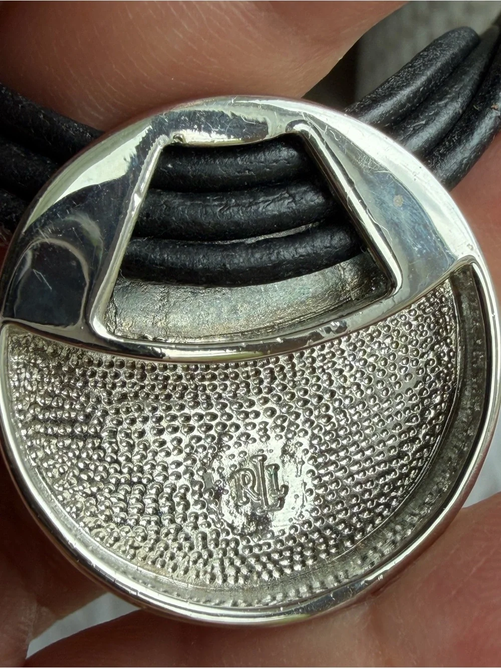LAUREN RALPH LAUREN | Vintage | Black Leather Choker Silver Black Bezel Pendant